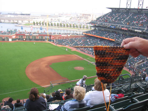 A scarf in progress at the ball park