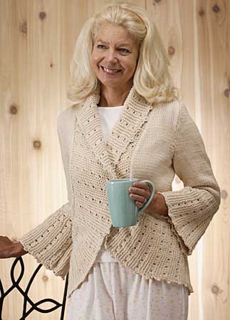 Bedjacket on a model, who is drinking Peet's coffee